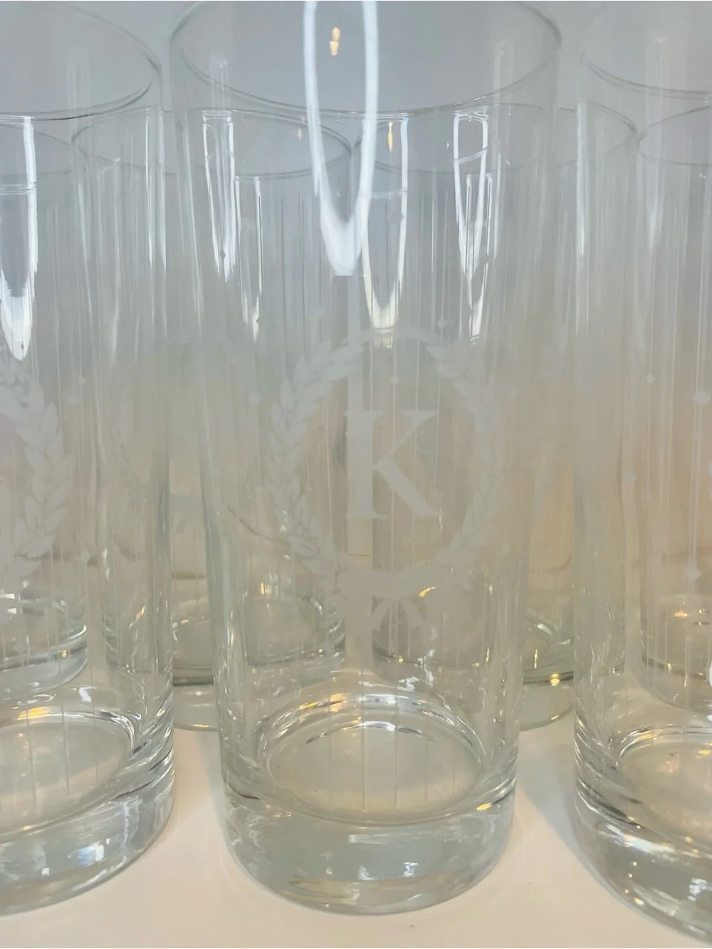 ‘K’ Monogrammed, Classic Clear Etched Highball Glasses - Set of Tall Tumblers,
